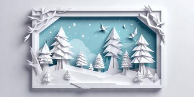 The primary subject of the image is a snowy landscape featuring a forest with trees and a night sky. The setting is a winter scene with a blue background. The visual style is a combination of digital art and illustration, creating a realistic and detailed representation of the forest and night sky. The colors and mood of the image are predominantly blue and white, giving it a serene and peaceful atmosphere.